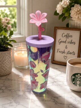 Starbucks 2023 Cherry Blossom Iridescent Blue Purple Pink Tumbler Cup 24oz Straw